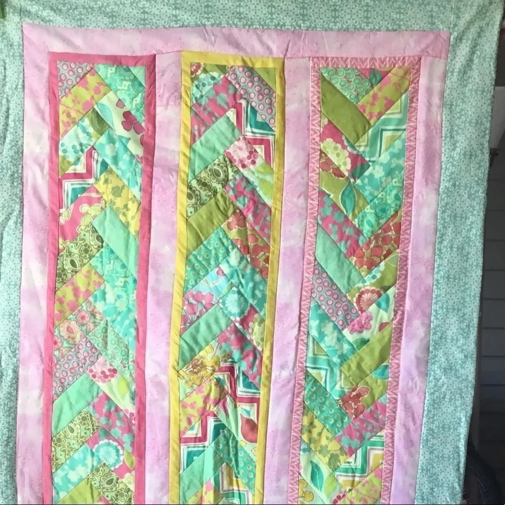 Handmade Quilt. Spring Pinks and Greens Braided